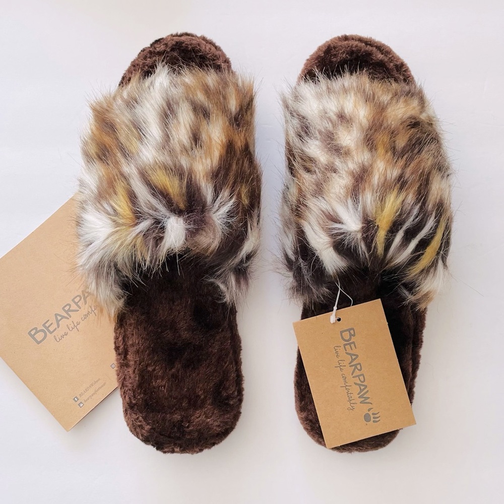 BearPaw NWT Shaggy Leopard Slippers